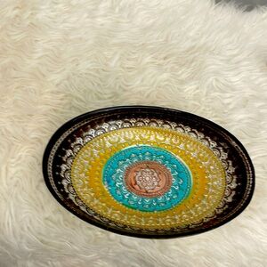 Hand Decorated Oval Glass Turkish dish brown ,silver yellow,turquoise, coral